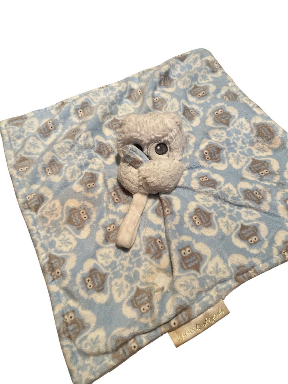 Blankets & Beyond Blue White Gray OWL Security Blanket pacifier holder plush
